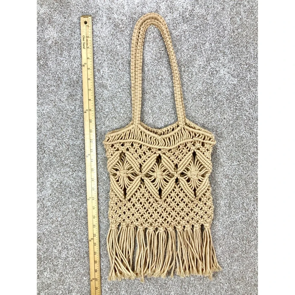 Macrame Fringe Boho Tote Bag Tan Woven Shoulder Bag Handcrafted Beach Summer